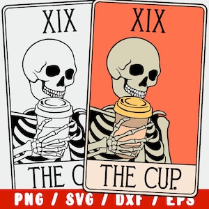 May include: A tarot card featuring a skeleton holding a cup of coffee. The card is red and white and displays the number XIX and the words "The Cup".
