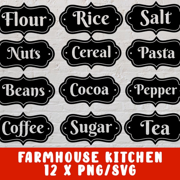 Kitchen SVG - Flour SVG - Pasta SVG - Farmhouse Kitchen Pantry Labels - Sugar Coffee Salt Pepper Tea Rice Cereal - Cricut Files