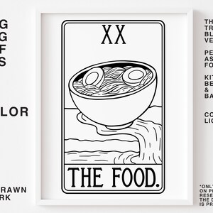 Może przedstawiać: Czarno-biała ilustracja karty tarota z numerem XX i słowami "THE FOOD." Karta przedstawia miskę ramen z dwoma jajkami, a bulion wylewa się z miski.