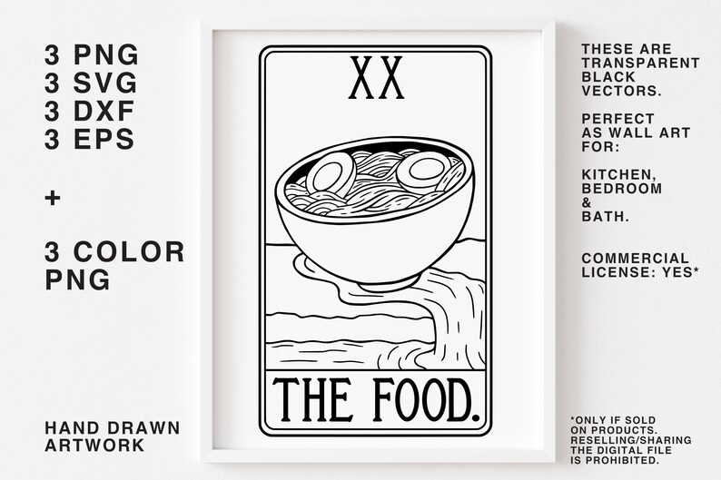 Może przedstawiać: Czarno-biała ilustracja karty tarota z numerem XX i słowami "THE FOOD." Karta przedstawia miskę ramen z dwoma jajkami, a bulion wylewa się z miski.