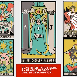 May include: A set of ten tarot cards with colorful illustrations and text. The cards include The Empress, The High Priestess, The Fool, Judgement, and The Star. The text on the cards includes the Roman numeral for each card and the name of the card.