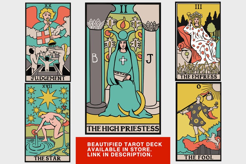 May include: A set of ten tarot cards with colorful illustrations and text. The cards include The Empress, The High Priestess, The Fool, Judgement, and The Star. The text on the cards includes the Roman numeral for each card and the name of the card.