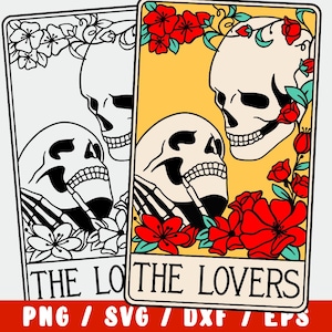 Carta del Tarot de los Enamorados SVG – Diseño de Pareja Esquelética enamorada – Clipart de adivinación imprimible y sarcástico para Cricut y Silhouette – Arte mural de calavera PNG