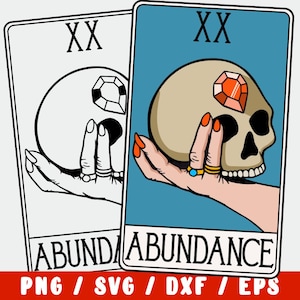 Abundancia SVG: Archivo recortado de carta del Tarot con calavera y anillo de diamantes. Diseño de riqueza, poder y magia femenina para Cricut o Silhouette.