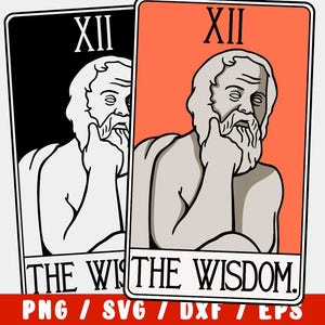 Filosofía SVG: Sócrates, Sartre, Camus, Foucault, Kant. Divertida carta de tarot intelectual para profesores y estudiantes. Camiseta o taza DIY.