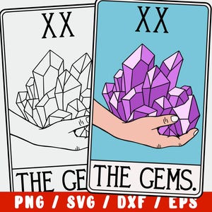 May include: A tarot card with the number XX and the text "THE GEMS". The card features a hand holding a cluster of purple crystals.