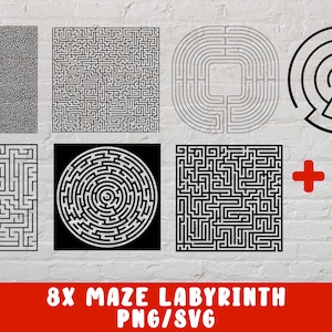 May include: Eight black and white maze designs, including a square maze with the text "You are here", a circular maze, and a spiral maze. The designs are on a white brick background with the text "8x Maze Labyrinth PNG/SVG" in red at the bottom.