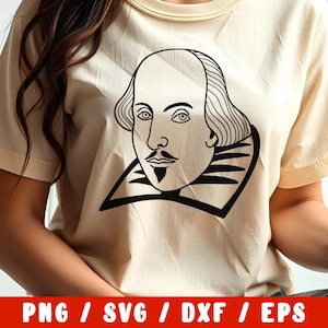 May include: A beige t-shirt with a black and white illustration of William Shakespeare's face.