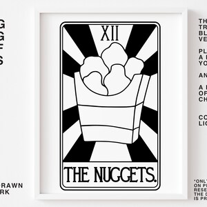 May include: A black and white illustration of a tarot card with the number XII and the words "The Nuggets." The card depicts a box of chicken nuggets.