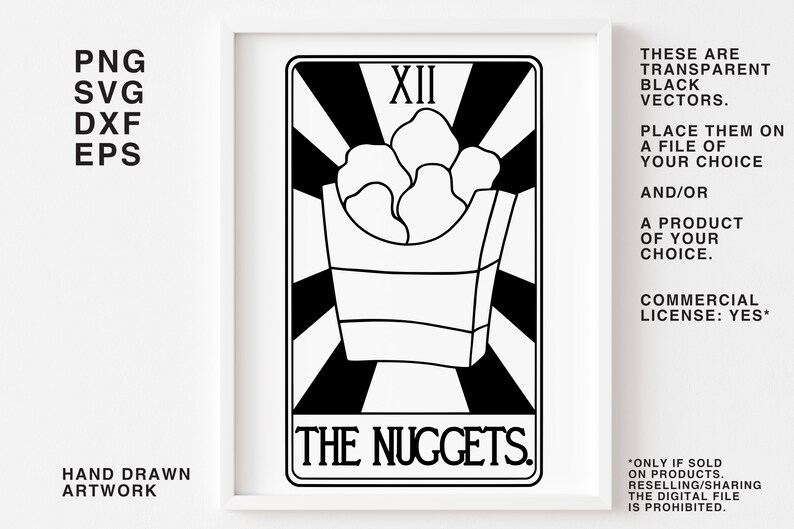 May include: A black and white illustration of a tarot card with the number XII and the words "The Nuggets." The card depicts a box of chicken nuggets.