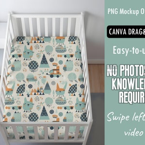 May include: A white crib with a fitted sheet featuring a whimsical pattern of orange foxes, blue trees, and geometric shapes on a cream background.