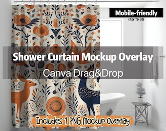 May include: A mockup of a shower curtain with a colorful floral and animal pattern. The curtain is in a bathroom setting with a white bathtub and a small plant on a table. The text "Shower Curtain Mockup Overlay" and "Canva Drag&Drop" is displayed on the image. The text "Includes 1 PNG Mockup Overlay" is also displayed on the image.