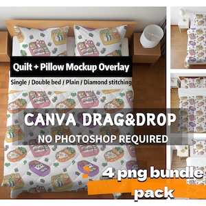May include: A mockup of a bed with a quilt and pillow set featuring a repeating pattern of illustrated bento boxes. The image includes multiple views of the bedding set, with text overlay indicating it's a Canva drag-and-drop design.