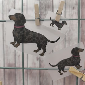 Könnte beinhalten: Drei Illustrationen von Dackel-Hunden, jeweils mit einem schwarz-braun gefleckten Fell und einem rosa Halsband, sind mit Holzklammern an einem Drahtgitter befestigt. Der Hintergrund ist eine helle Holzvertäfelung.