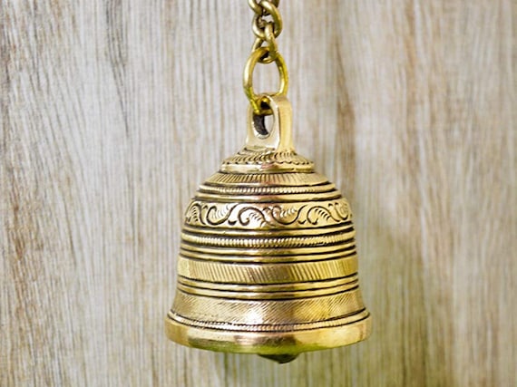Brass Vintage Matte Wall Hanging Bell with Brass Chain and Hook for Gates,  Home Entrance , Office, Church and Temple