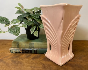 Vintage 1940's McCoy Pottery Vase, Art Deco, Pink Bird Chevron Wing