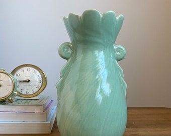 Vintage USA Vase with Scroll Handle in Mint Green