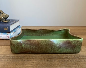 West Coast Pottery California Vintage Green Console Dish Ceramic Tray in Green and Brown Glaze