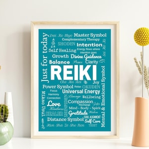 Könnte beinhalten: Ein türkisfarbener druckbarer Poster mit weißem Text, der "Just for today" und "REIKI" in großen Buchstaben lautet. Der Poster zeigt eine Wortwolke mit Begriffen im Zusammenhang mit Reiki, darunter "Intention", "Selbstheilung", "Wachstum", "Balance", "Frieden", "Klarheit", "Universale Energie", "Liebe", "Freundlichkeit", "HEILER", "Distanzsymbol", "Dankbarkeit", "Selbstfürsorge", "Vertrauen" und mehr.