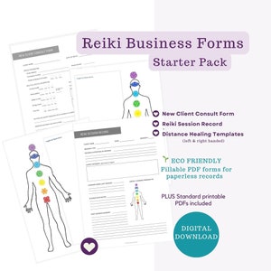 May include: Reiki Business Forms Starter Pack digital download includes a new client consult form, Reiki session record, and distance healing templates. The forms are eco-friendly, fillable PDFs for paperless records. Standard printable PDFs are also included.