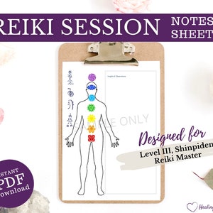 May include: Printable Reiki session notes sheet with a diagram of the seven chakras on a human body outline. Designed for Level III, Shinpiden Reiki Master.