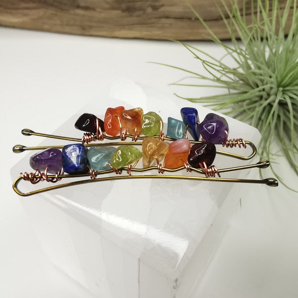 Rainbow Gemstone Bobby Pin, Crystal Hair Pin, Hair Accessories for Crystal Lovers, Chakra Gift, Wire Wrapped Boho Hair clip, stocking filler