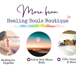 May include: Three circular images with text and images inside. The first image is a woman in a field of lavender with the text "Distance for Empaths". The second image is a full moon over a mountain range at sunset. The third image is a set of three hair clips with colorful gemstones. The text below the images reads "Healing for Empaths", "Full & New Moon Reiki", and "Gifts, Crystals & More".