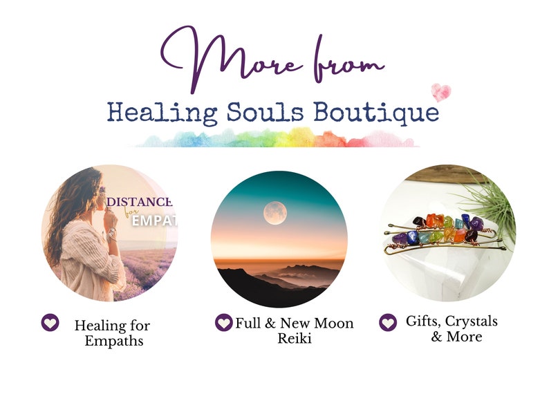 May include: Three circular images with text and images inside. The first image is a woman in a field of lavender with the text "Distance for Empaths". The second image is a full moon over a mountain range at sunset. The third image is a set of three hair clips with colorful gemstones. The text below the images reads "Healing for Empaths", "Full & New Moon Reiki", and "Gifts, Crystals & More".