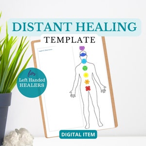 May include: Printable digital template for distant healing, featuring a line drawing of a human body with seven chakras, labeled "Insights & Observations" and "for Left Handed HEALERS". The text "DIGITAL ITEM" is at the bottom of the page.