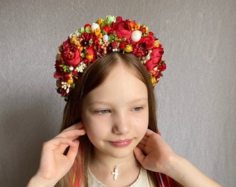 Bright Ukrainian flower crown with ribbons, Red floral hair wreath for child, Traditional folk vinok for girl, Photoshoot headband