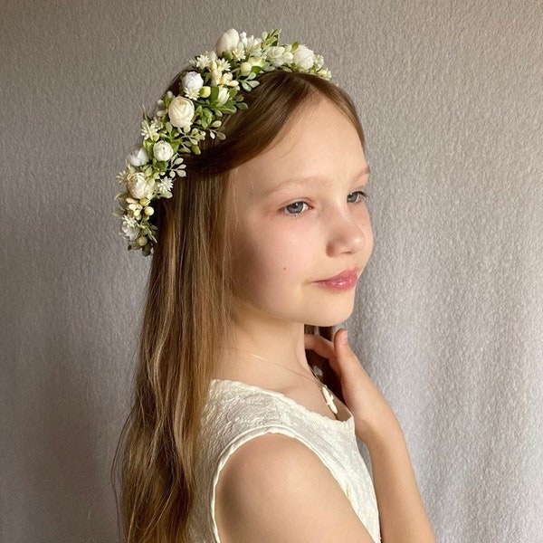 Delicate First Communion flower crown, Birthday floral hair wreath for kids, Bohemian photoshoot headpiece, Handmade flower girl headband