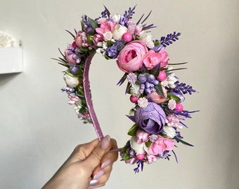 Bohemian purple crown, Floral bridal headpiece, Wide pink flower crown, Cottagecore wedding headband, Lavender bridal hair wreath