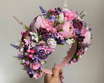 Bandeau de mariée violet, large couronne de fleurs roses avec rubans lilas, bandeau de mariage bohème, couronne de cheveux bohème, morceau de cheveux de mariée