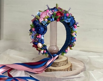 Navy blue and pink bridal headpiece with ribbons, Floral hairpiece for bride, Wide flower crown, Boho wedding tiara, Bohemian head wreath