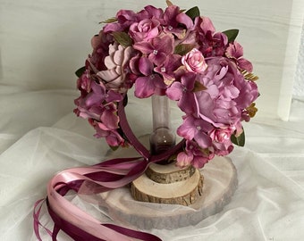 Pink Peony bridal headpiece, Wide rose flower crown with ribbons, Boho wedding headband, Communion hair wreath, Bridal hair piece