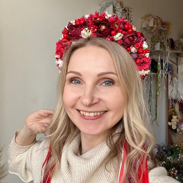 Traditional Ukrainian headpiece with ribbons, Red wildflower hair wreath, Burgundy flower crown, Slavic wedding headband, Folk hair piece