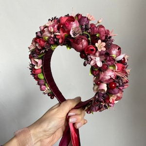 Cherry red Ukrainian flower crown with ribbons, Traditional bridal headpiece, Burgundy hair wreath for bride, Folk vinok, Wedding headband