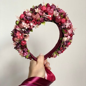 Burgundy Ukrainian bridal headpiece with ribbons, Wedding flower crown, Folk hair wreath for bride, Traditional vinok, Pink wedding headband