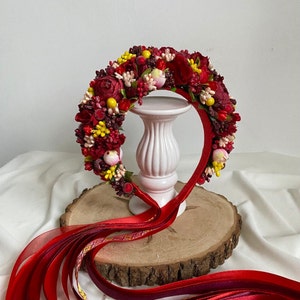 Red Ukrainian flower crown with ribbons, Burgundy bridal headpiece, Folk floral hair wreath, Traditional wedding headband, Ukraine vinok