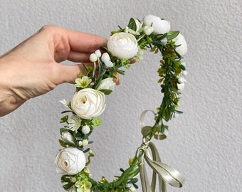 Ivoren eerste communie bloemenkroon, ivoorroze bloemenhaarstukje voor meisje, Boho bruidshoofdband, handgemaakte haarkrans voor kinderen of volwassenen