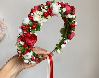 Tiara ucraniana vermelha e branca, coroa de flores folclóricas contrastantes, grinalda floral fina para cabelo, acessório de cabelo tradicional para noivas (vinok).