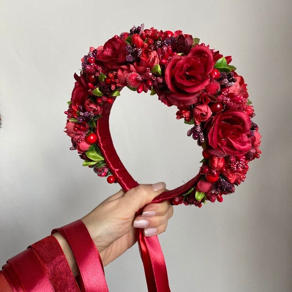 Traditional Ukrainian flower crown with ribbons, Floral Ukrainian vinok, Red bridal headband, Folk hair wreath for bride, Wedding headpiece