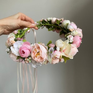 Blush pink First Communion flower crown, Pastel ivory headband, Elegant floral hair wreath,  Birthday girl gift, Bohemian floral hair piece