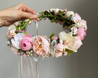 Blush pink First Communion flower crown, Pastel ivory headband, Elegant floral hair wreath,  Birthday girl gift, Bohemian floral hair piece