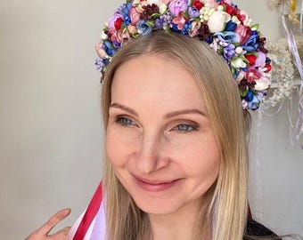 Traditional purple flower crown with ribbons, Floral summer headpiece, Cottagecore folk hair wreath, Ukrainian bridal headpiece