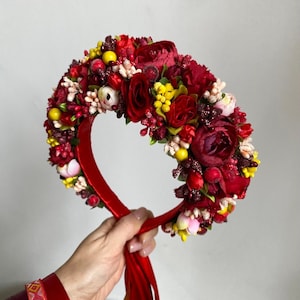 Folk Ukrainian flower crown with ribbons, Burgundy bridal headpiece, Red floral hair wreath for bride, Traditional wedding headband vinok