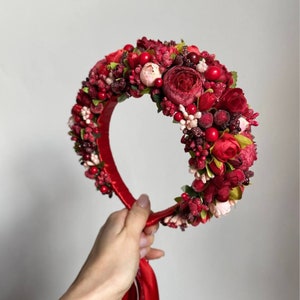 Burdundy Ukrainian flower crown with ribbons, Red bridal headpiece, Floral hair wreath for bride, Traditional folk vinok, Wedding headband
