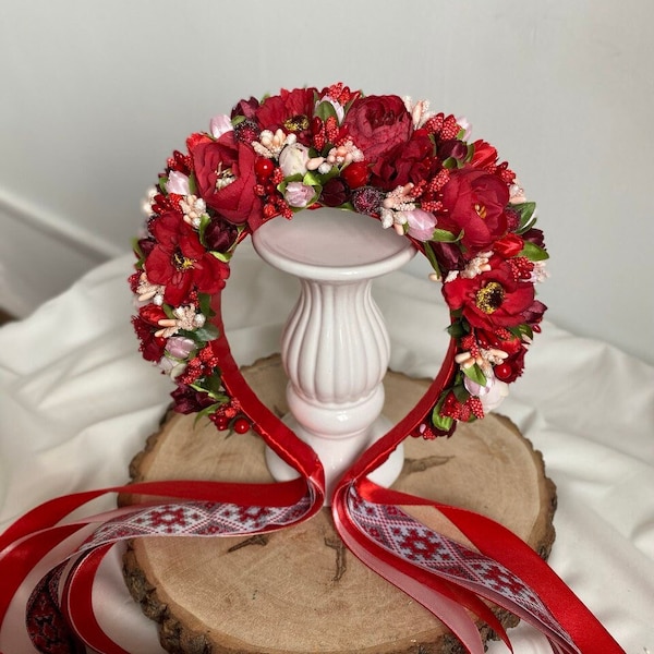 Folk bridal headpiece with ribbons, Cottagecore red flower crown, Red wildflower hair wreath, Ukrainian wedding headband, Bridal hair piece