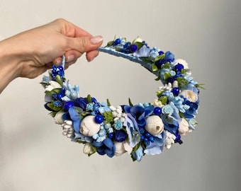 Navy blue flower crown for First Communion, Hydrangea and ranunculus floral hairpiece, Bohemian headband for girl, Fantasy boho hair wreath