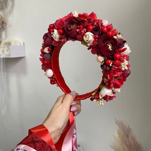 Burgundy bridal headpiece with ribbons, Red flower crown, Wildflower Ukrainian hair wreath, Slavic wedding headband, Folk bridal hair piece